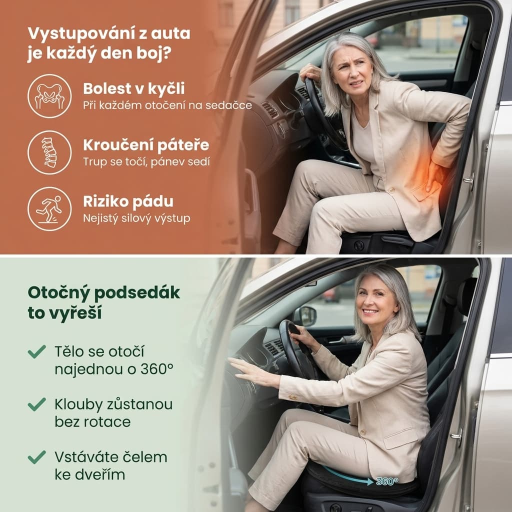 Otočný podsedák do auta při bolesti v kyčli a kroucení páteře